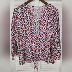 Beach Lunch Lounge Boho Floral Peasant V Neck 3/4 Sleeve Tie Waist Shirt Sz L